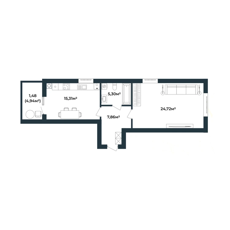 Планування 1-кімнатна квартира 54,67 м² — зображення 2