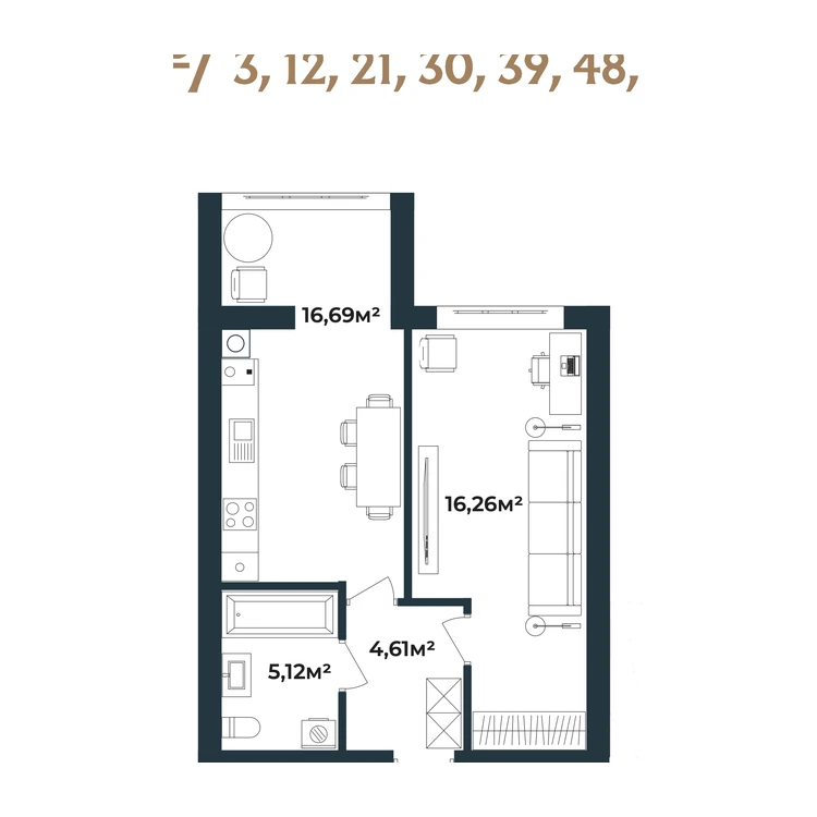 Планування 1-кімнатна квартира 42,68 м²