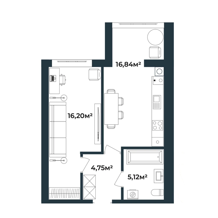 Планування 1-кімнатна квартира 42,90 м² — зображення 2