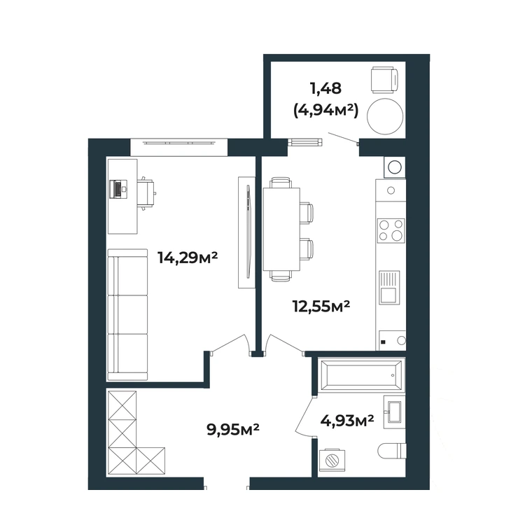 Планування 1-кімнатна квартира 43,20 м² — зображення 2