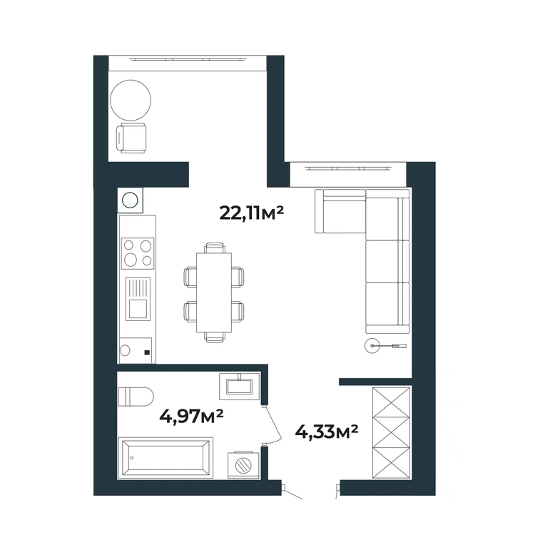 Планування 1-кімнатна квартира 31,25 м²