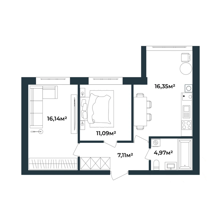 Планування 2-кімнатна квартира 55,51 м²