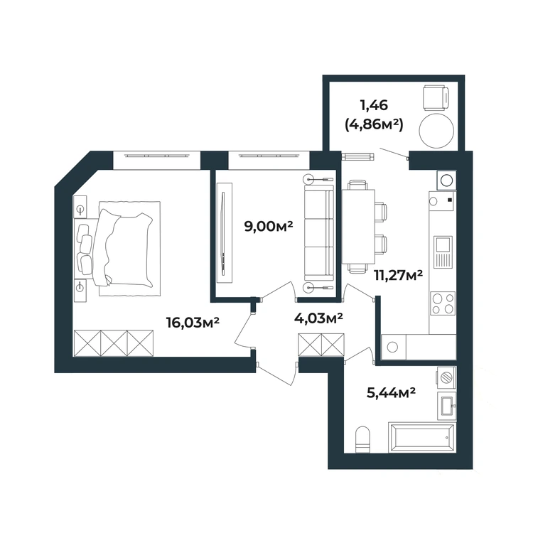 Планування 2-кімнатна квартира 47,23 м² — зображення 2