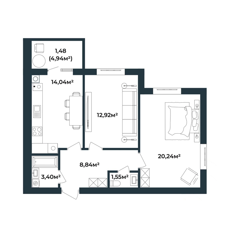Планування 2-кімнатна квартира 62,47 м²