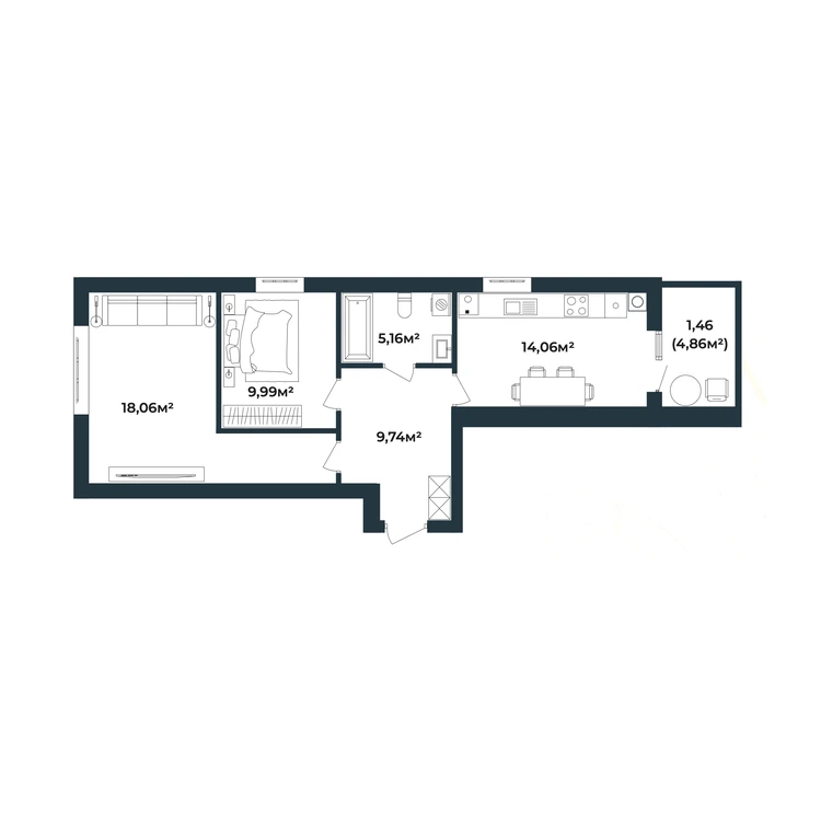 Планування 2-кімнатна квартира 58,49 м²