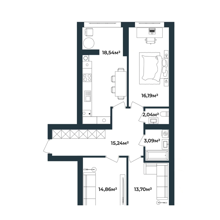 Планування 3-кімнатна квартира 83,66 м²