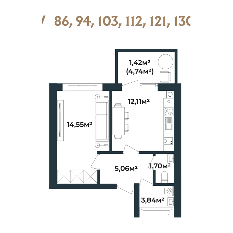 Планування 1-кімнатна квартира 38,73 м²