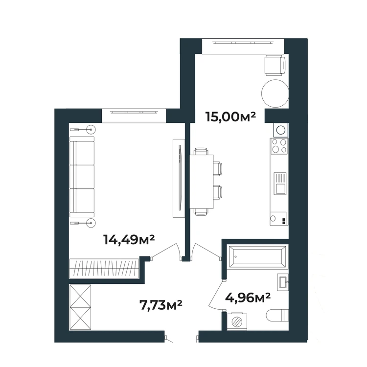 Планування 1-кімнатна квартира 42,18 м² — зображення 2