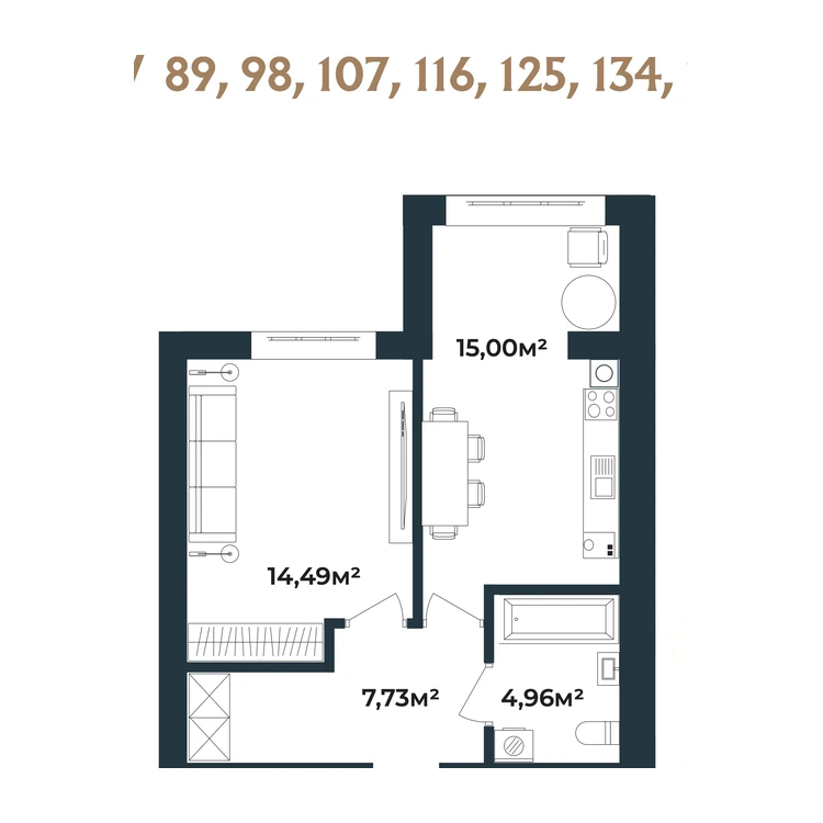 Планування 1-кімнатна квартира 42,18 м²