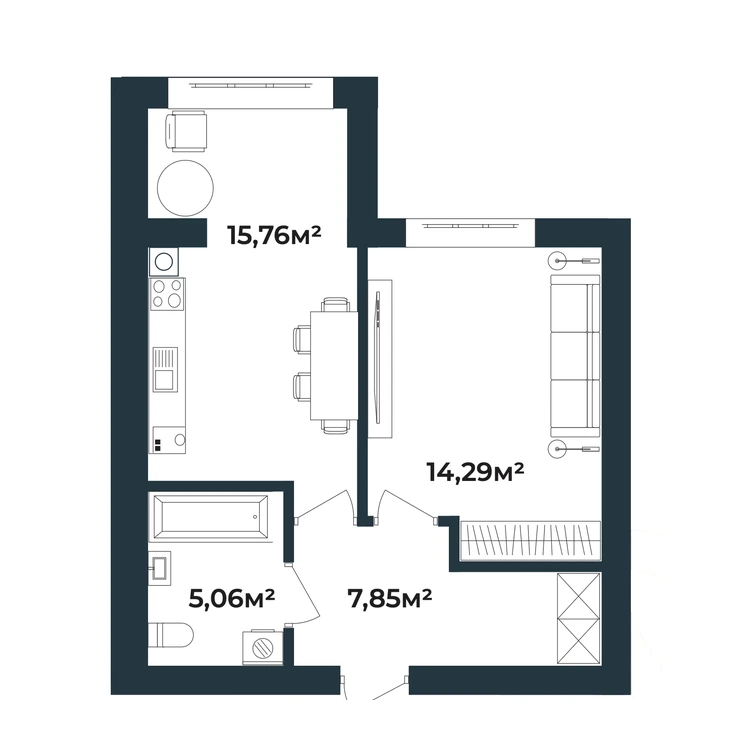 Планування 1-кімнатна квартира 42,96 м² — зображення 2