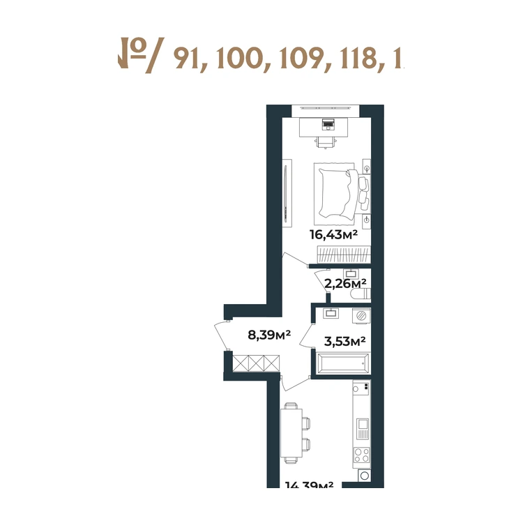 Планування 1-кімнатна квартира 45,00 м² — зображення 2