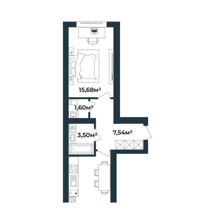 Планування 1-кімнатна квартира 42,49 м²