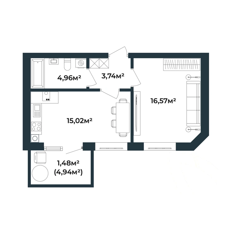 Планування 1-кімнатна квартира 41,77 м² — зображення 2