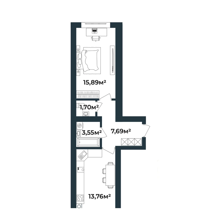 Планування 1-кімнатна квартира 44,03 м²