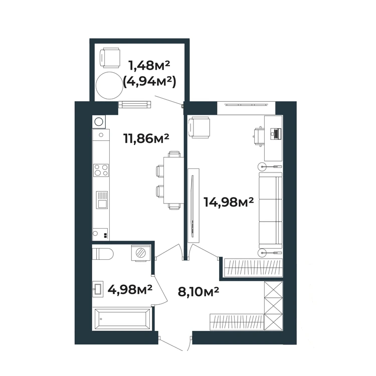 Планування 1-кімнатна квартира 41,41 м²
