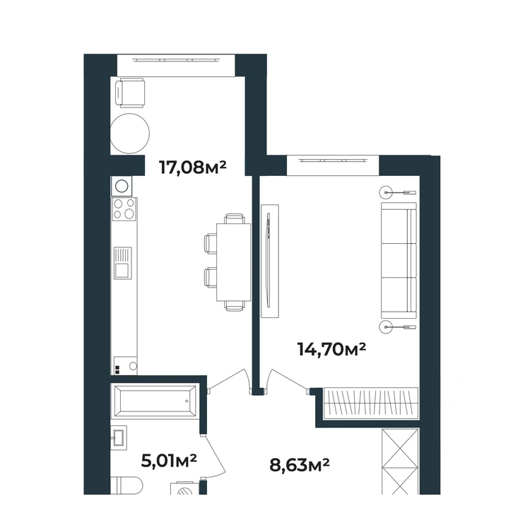 Планування 1-кімнатна квартира 45,46 м² — зображення 2