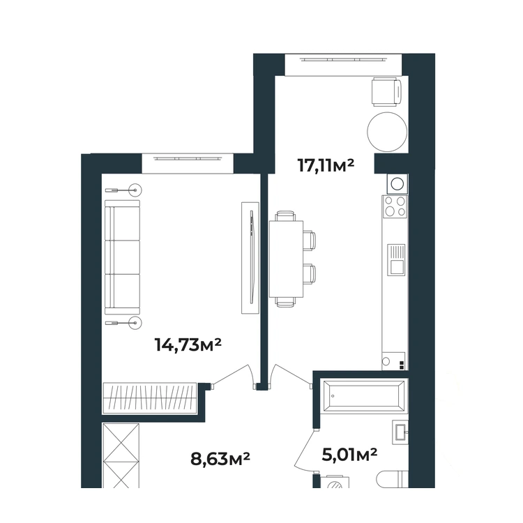 Планування 1-кімнатна квартира 45,48 м²