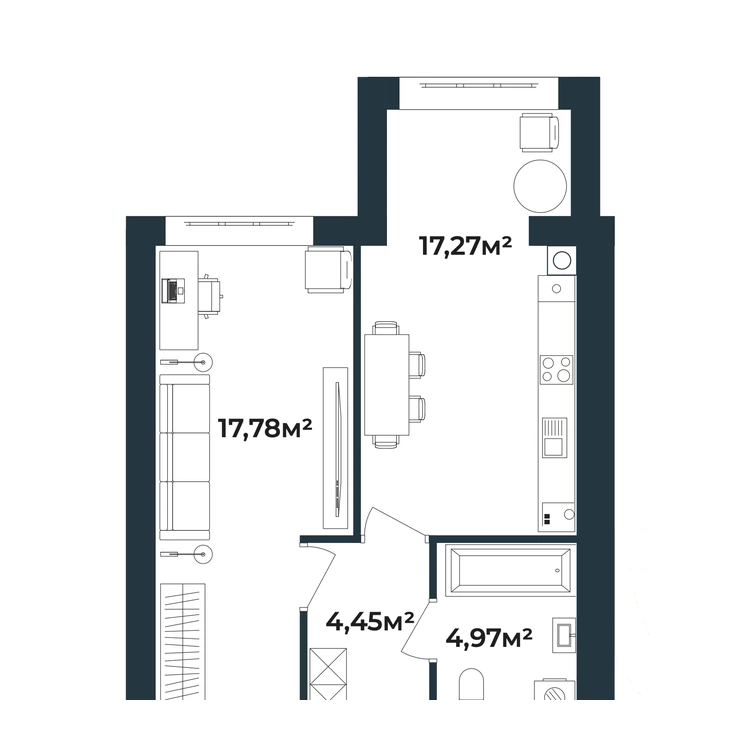 Планування 1-кімнатна квартира 44,48 м²