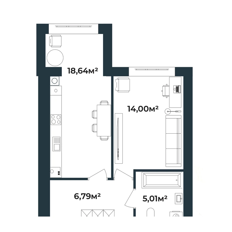 Планування 1-кімнатна квартира 44,44 м² — зображення 2