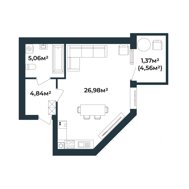 Планування 1-кімнатна квартира 38,25 м² — зображення 2