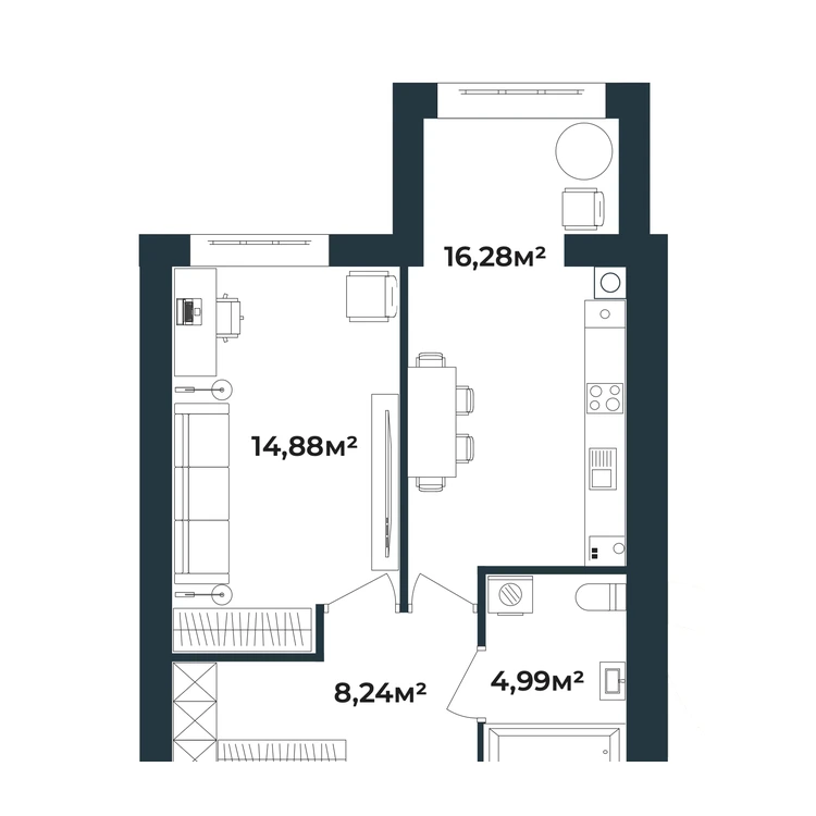 Планування 1-кімнатна квартира 44,39 м²