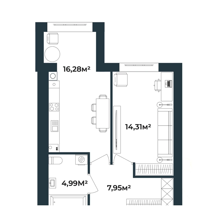 Планування 1-кімнатна квартира 43,53 м²