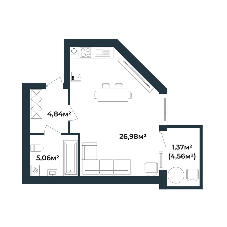 Планування 1-кімнатна квартира 38,26 м²
