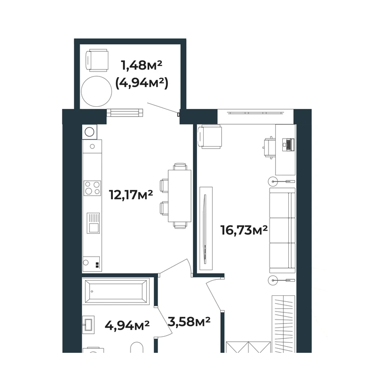 Планування 1-кімнатна квартира 38,90 м² — зображення 2