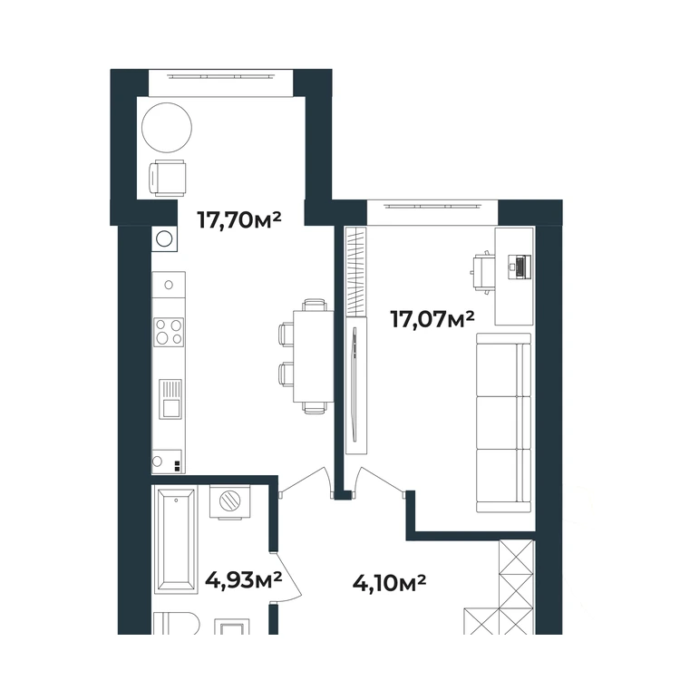 Планування 1-кімнатна квартира 43,81 м² — зображення 2