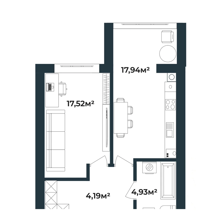 Планування 1-кімнатна квартира 44,58 м²