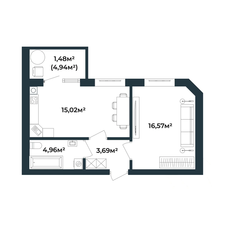 Планування 1-кімнатна квартира 41,72 м² — зображення 2