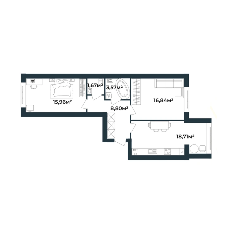 Планування 2-кімнатна квартира 65,55 м²