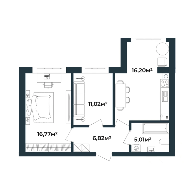 Планування 2-кімнатна квартира 55,82 м²